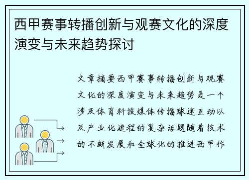 西甲赛事转播创新与观赛文化的深度演变与未来趋势探讨
